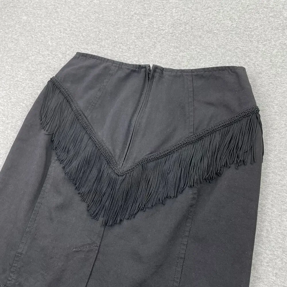 Vintage Y2K Black Fringe Mini Skirt Size 7 Western Boho Cowgirl Party High Waist